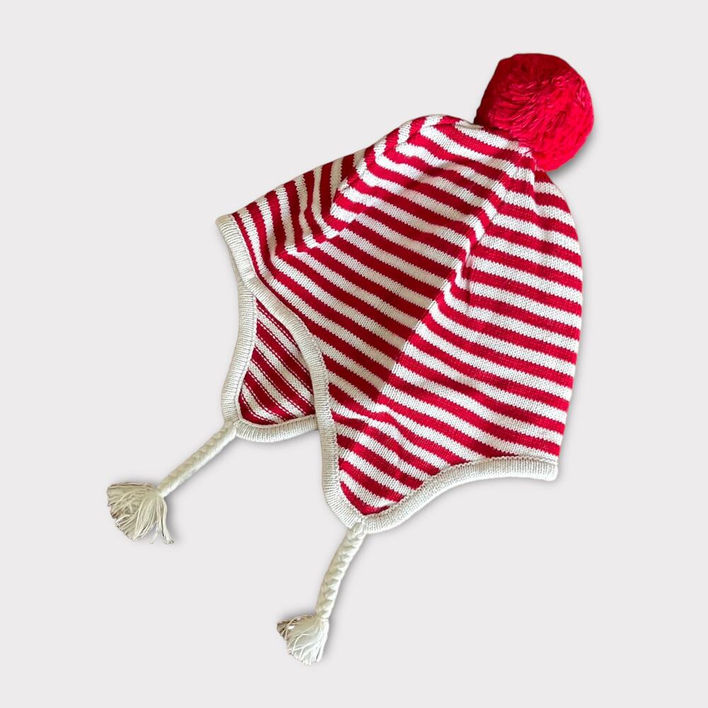 Baby Unisex Red & White Striped Beanie Toque w/ Bobble | Sz 0-6M Cozy & Festive